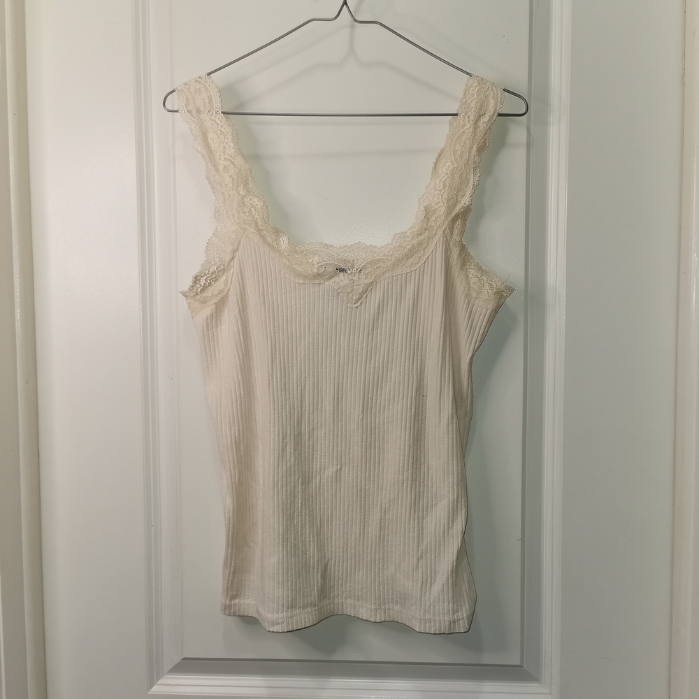 Lace Trim Ribbed Tank Top - Cream Y2K
